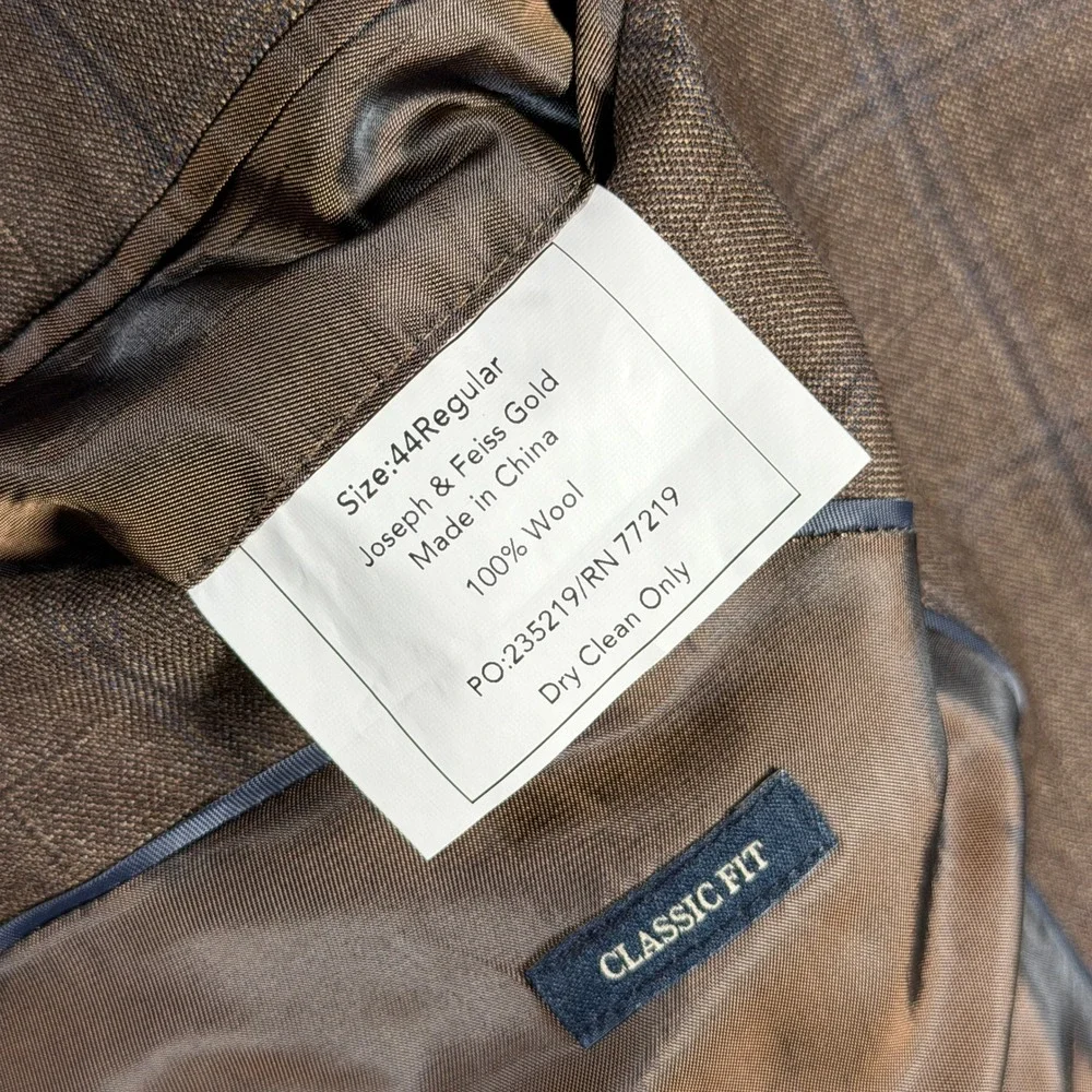 Joseph & Feiss Gold Men 44R Brown Windowpane 100% Wool Classic Fit Blazer Jacket